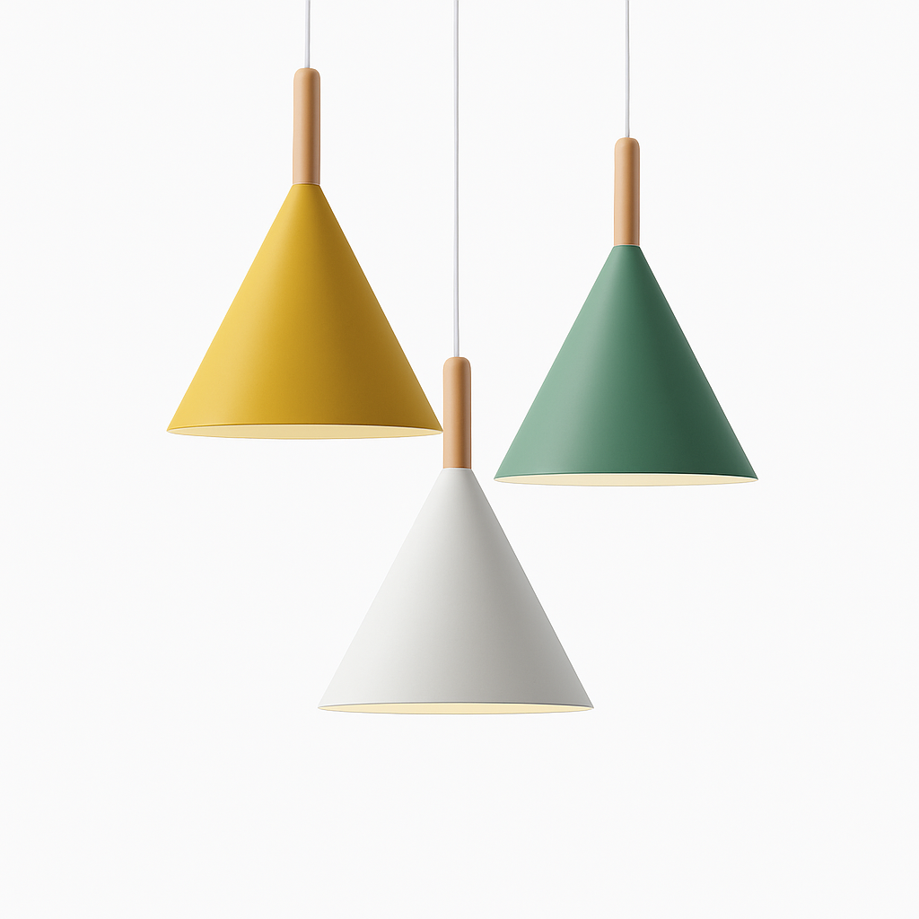 Suspension conique en métal coloré et tige en bois – Bar