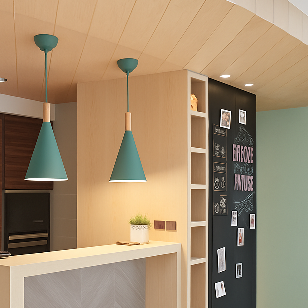 Suspension conique en métal coloré et tige en bois – Bar — vue de face