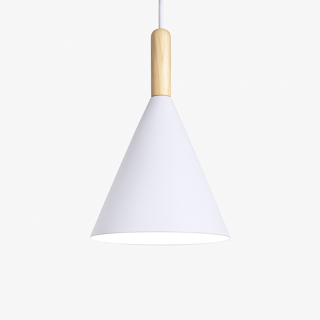 Suspension conique en métal coloré et tige en bois – Bar — détail de la matière