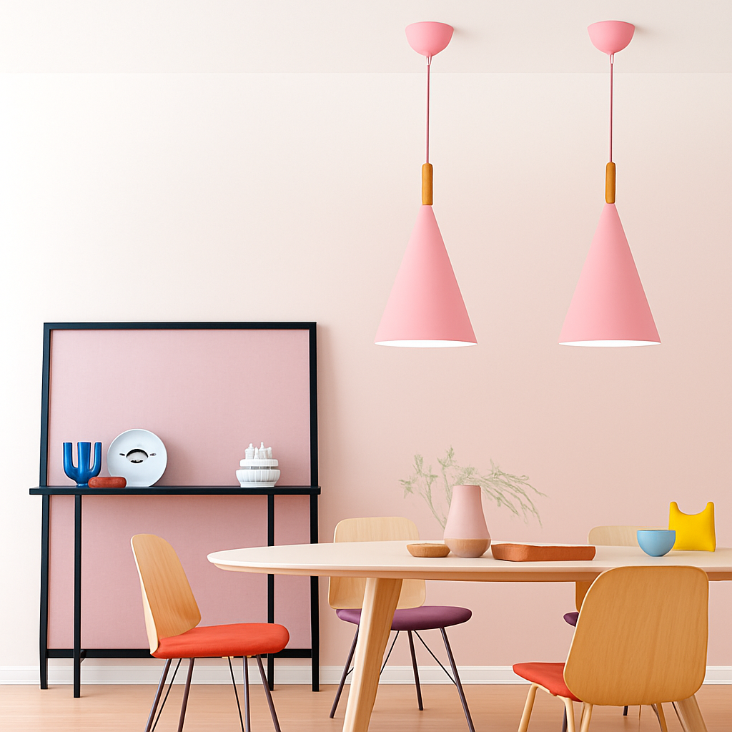 Suspension conique en métal coloré et tige en bois – Bar — vue de profil