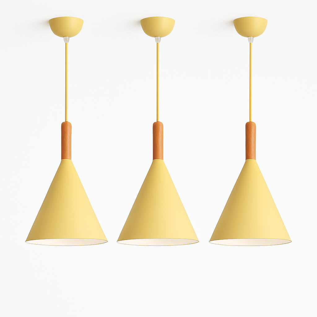 Suspension conique en métal coloré et tige en bois – Bar — vue de trois quarts