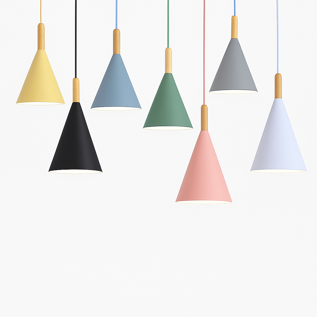 Suspension conique en métal coloré et tige en bois – Bar — détail de la finition