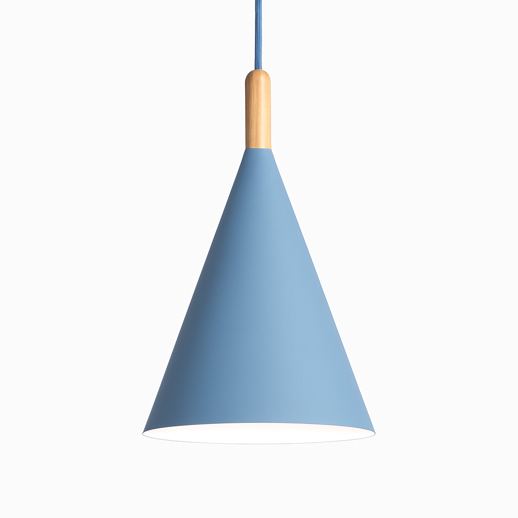 Suspension conique en métal coloré et tige en bois – Bar — allumé en situation