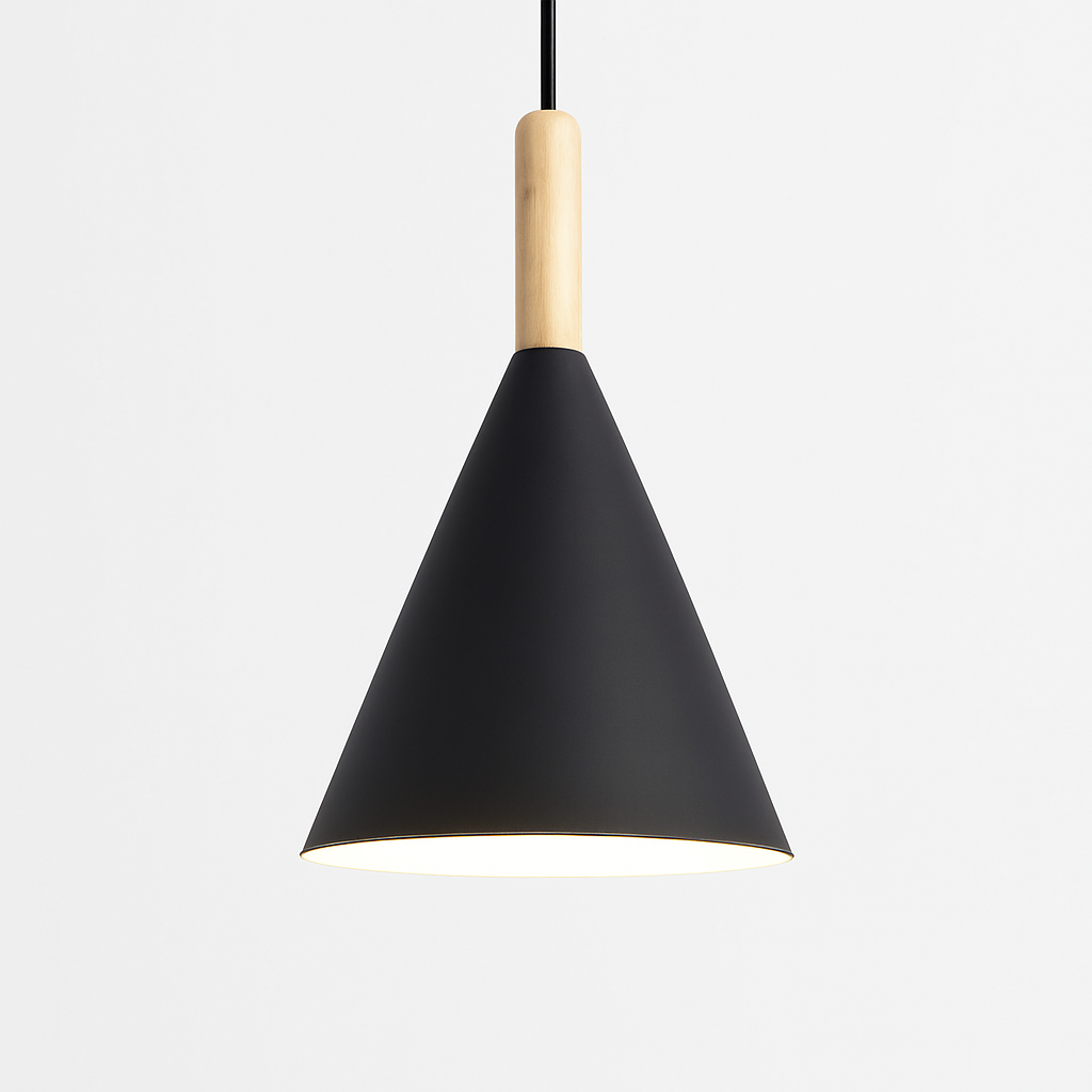 Suspension conique en métal coloré et tige en bois – Bar — détail du système de fixation