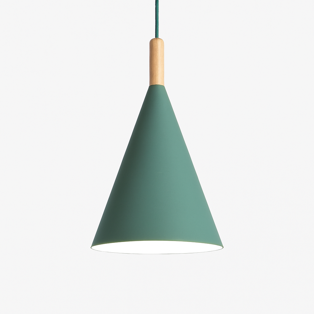 Suspension conique en métal coloré et tige en bois – Bar — mise en situation dans la pièce