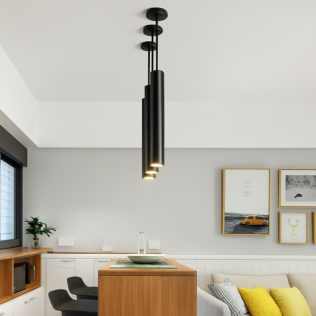 Suspension tube cylindrique LED COB en métal noir mat — vue de trois quarts