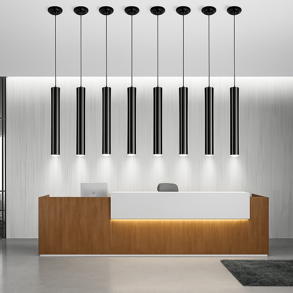 Suspension tube cylindrique LED COB en métal noir mat — détail de la finition