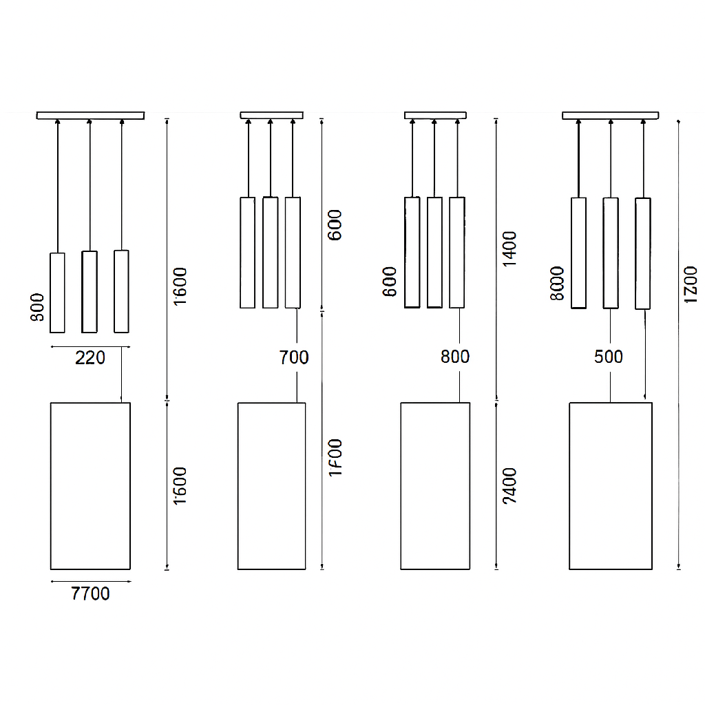 Suspension tube cylindrique LED COB en métal noir mat — dimensions et cotes