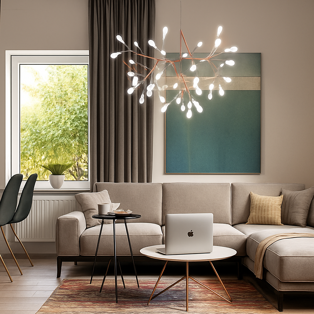 Suspension LED ramifiée en fer style arbre – cuivré ou noir — dimensions et cotes