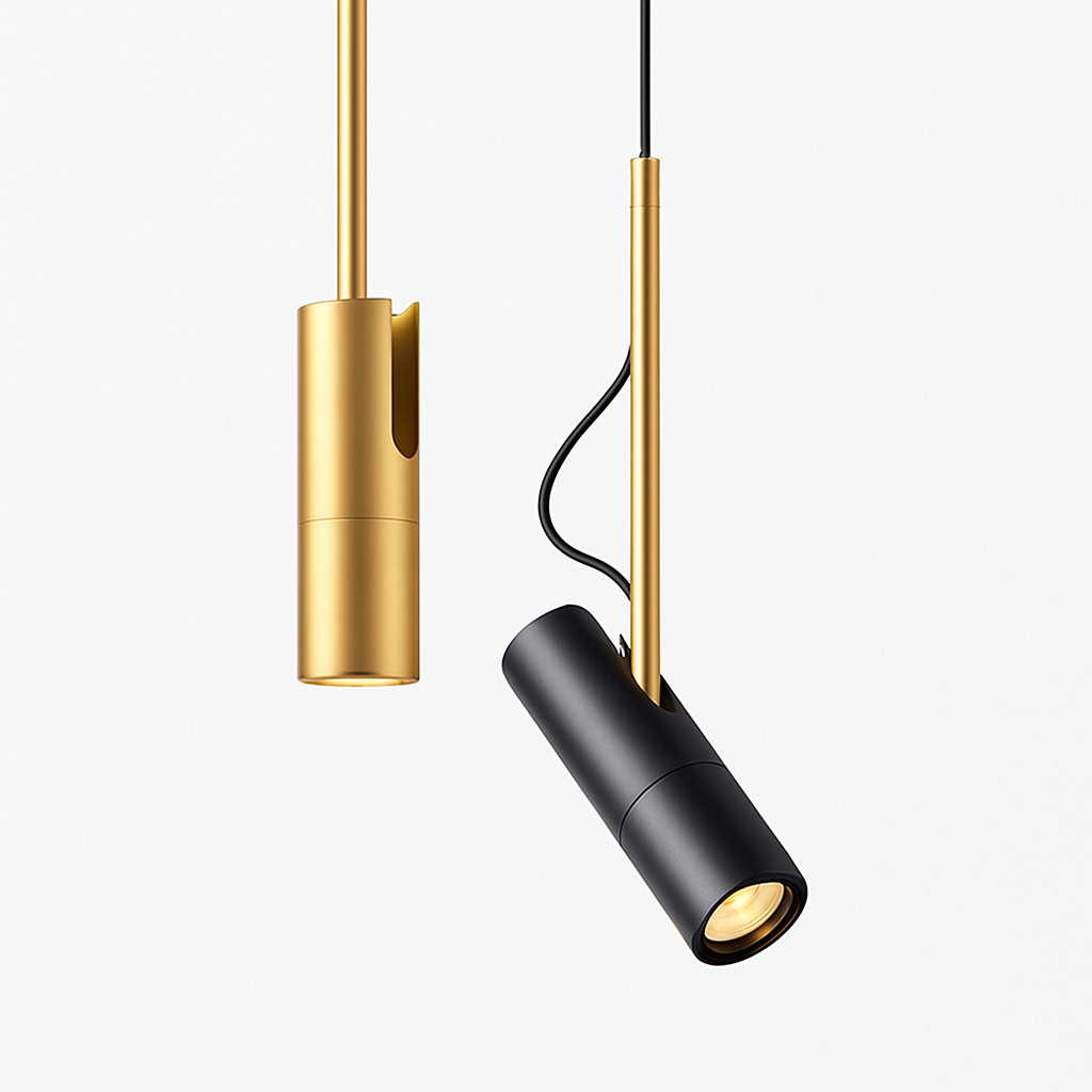 Suspension spot orientable en aluminium 20 x 20 cm – tige dorée — vue de face