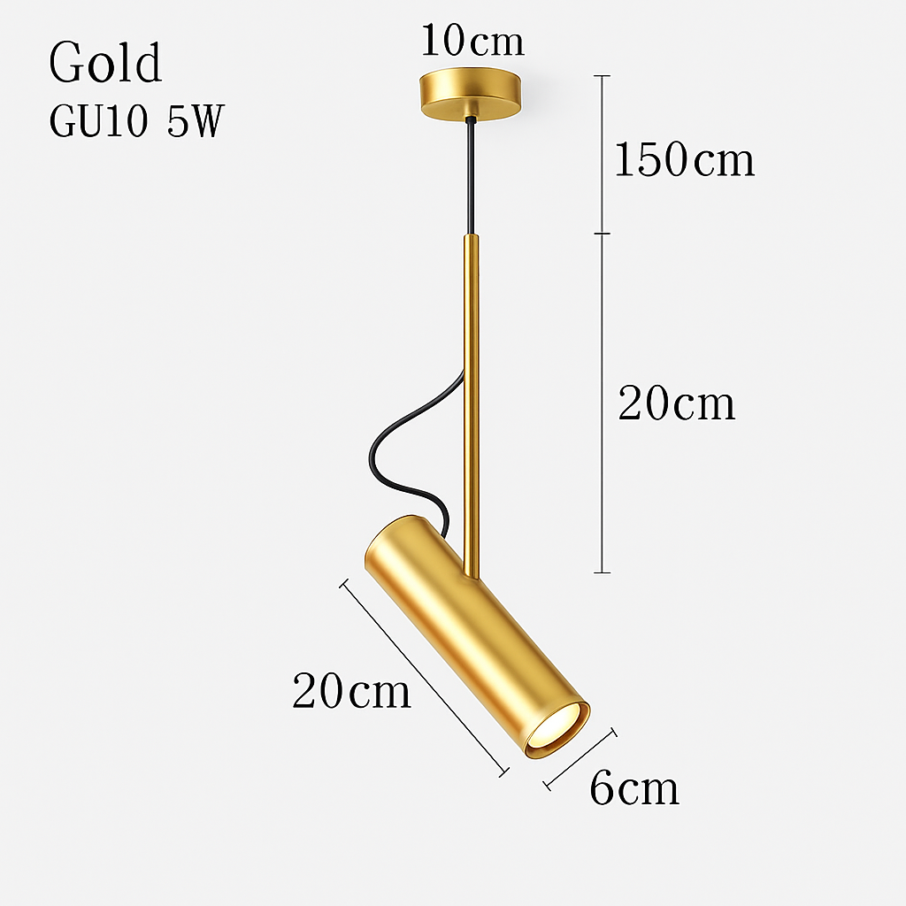 Suspension spot orientable en aluminium 20 x 20 cm – tige dorée — détail de la matière