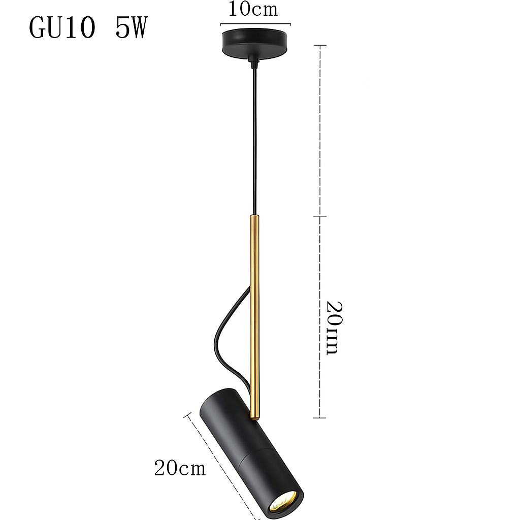 Suspension spot orientable en aluminium 20 x 20 cm – tige dorée — détail du système de fixation