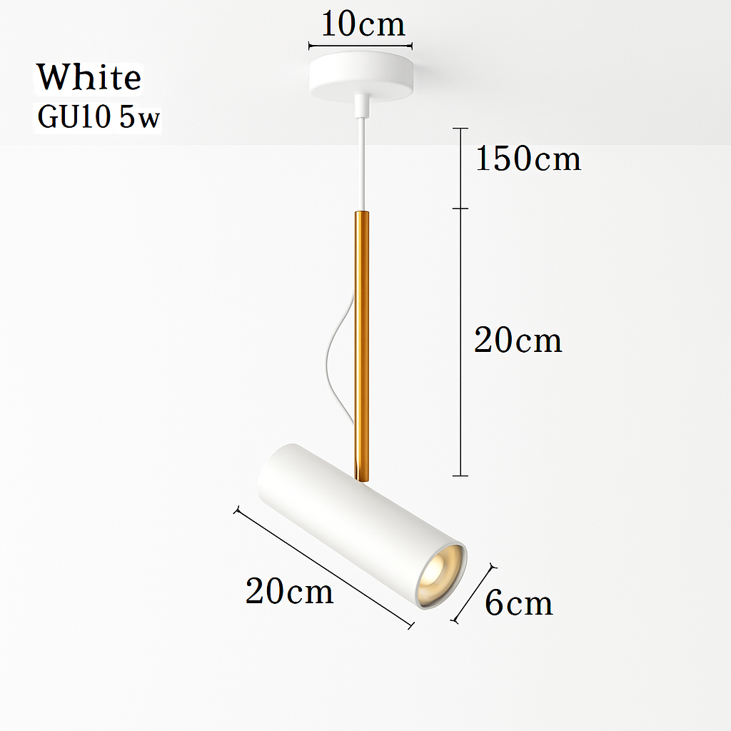 Suspension spot orientable en aluminium 20 x 20 cm – tige dorée — mise en situation dans la pièce
