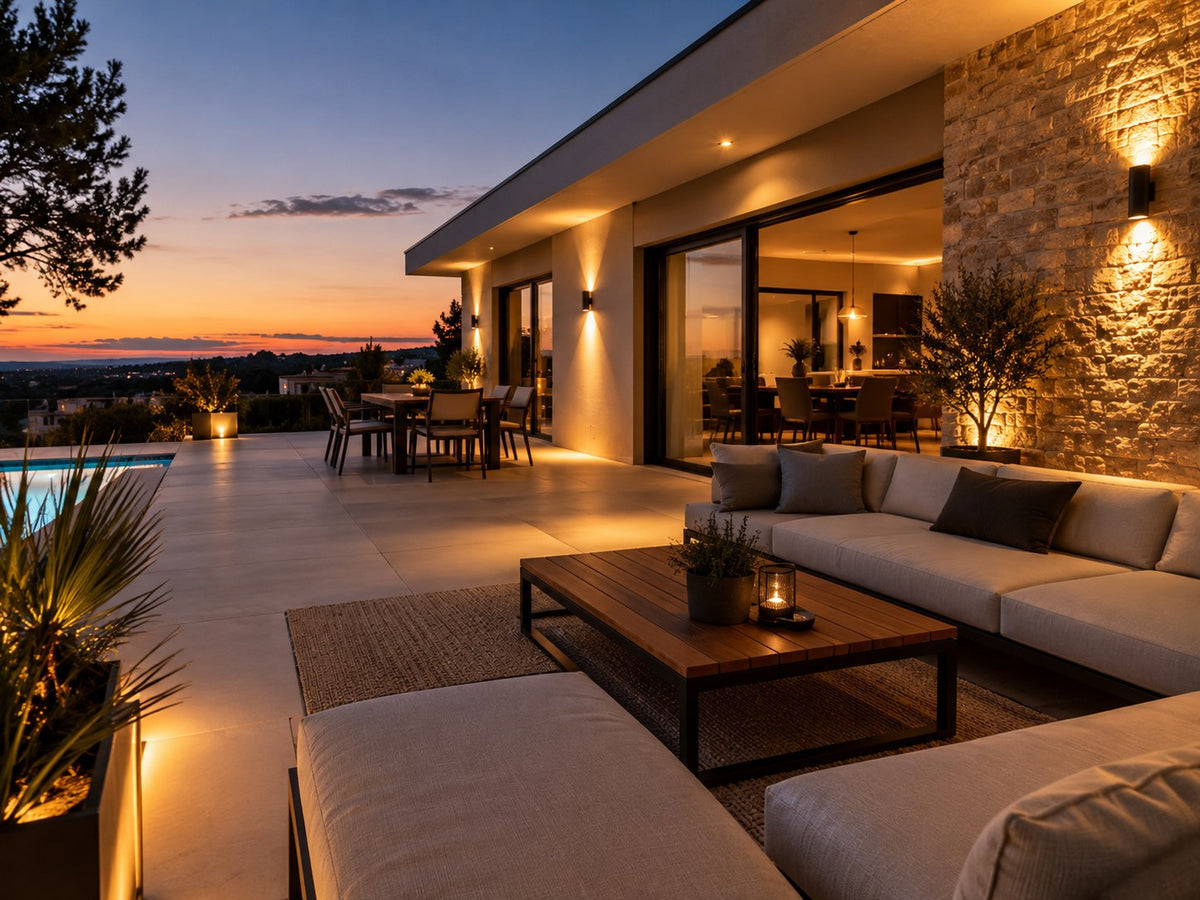 Terrasse éclairée le soir par des appliques murales extérieures et des spots au sol Image